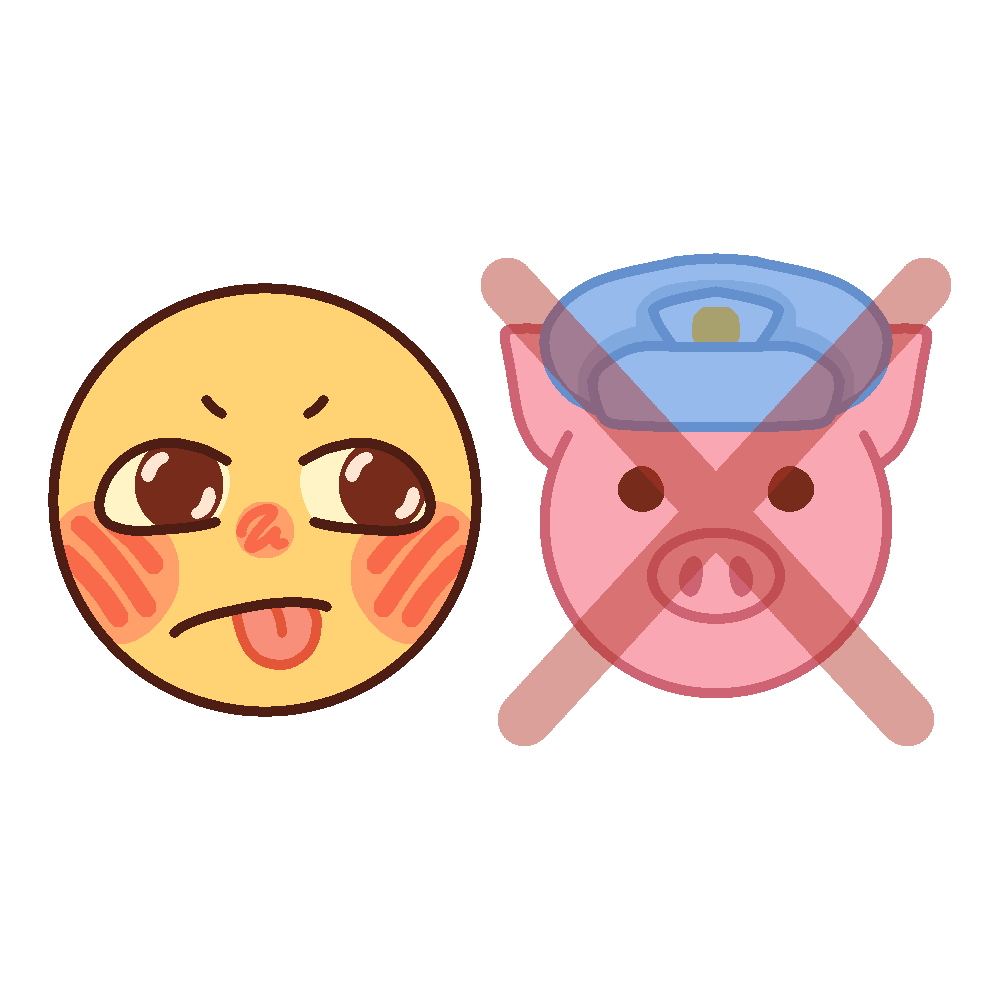 a grumpy looking yellow person sticks their tongue out at a crossed out pig wearing a cop hat. 